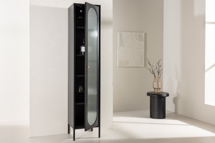 VENTURE DESIGN Cali skab, m. 1 lge og 4 hylder - glas og sort stl