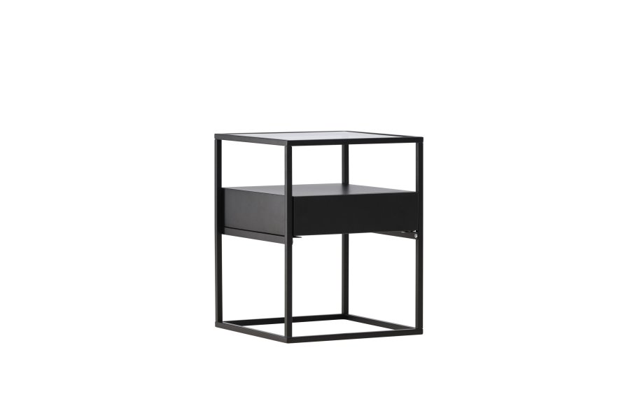 VENTURE DESIGN Fortaleza sidebord, m. 1 skuffe - glas og sort stl (40x40)