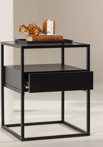 VENTURE DESIGN Fortaleza sidebord, m. 1 skuffe - glas og sort stl (40x40)