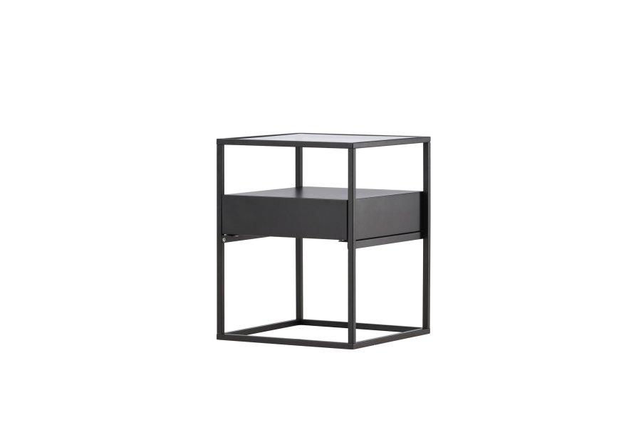 VENTURE DESIGN Fortaleza sidebord, m. 1 skuffe - glas og sort stl (40x40)
