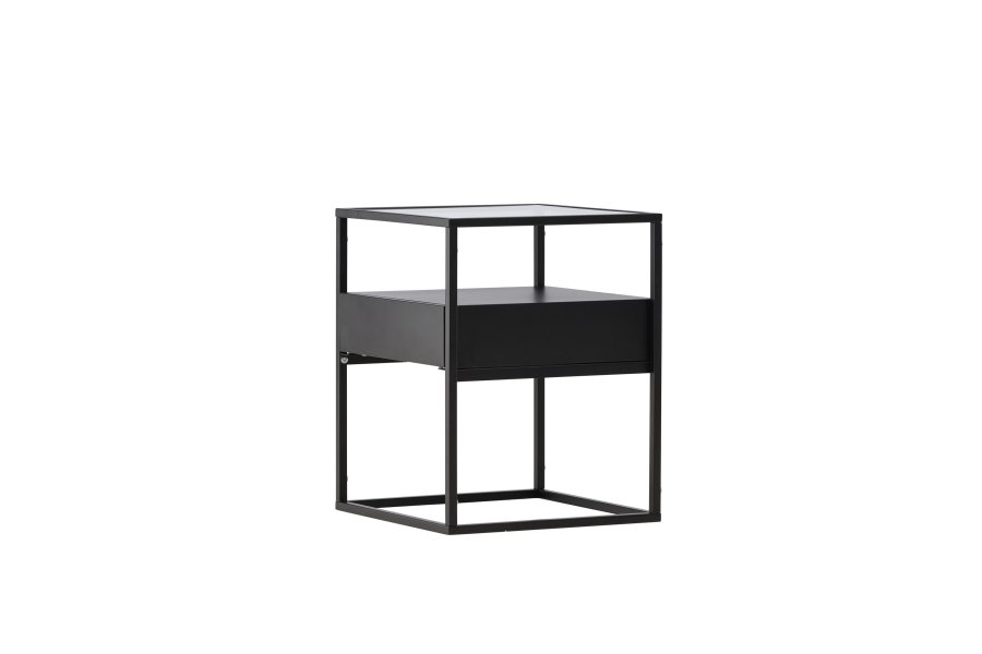VENTURE DESIGN Fortaleza sidebord, m. 1 skuffe - glas og sort stl (40x40)