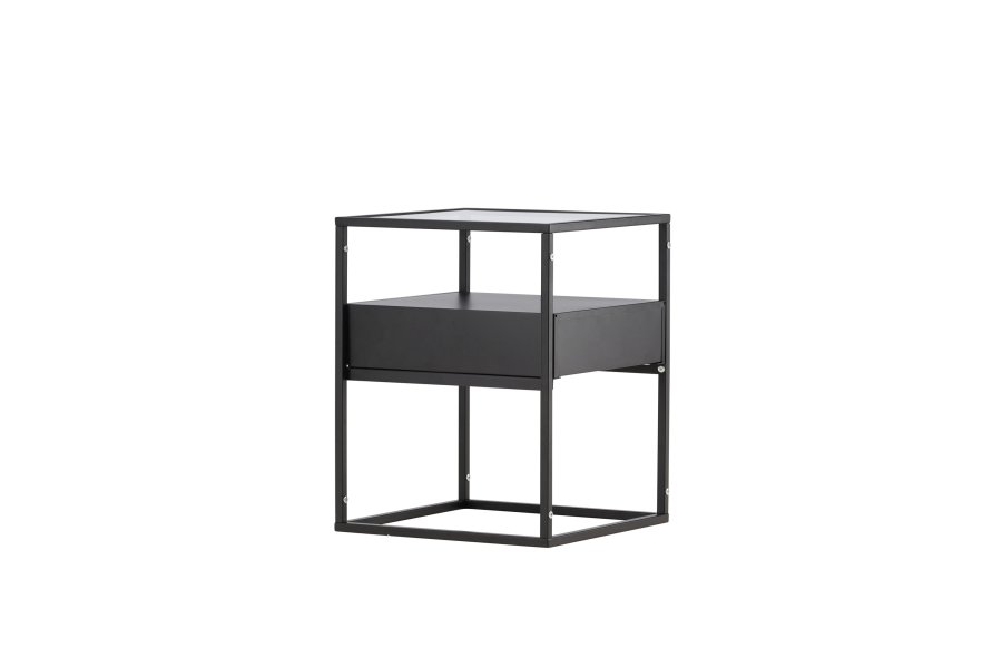 VENTURE DESIGN Fortaleza sidebord, m. 1 skuffe - glas og sort stl (40x40)