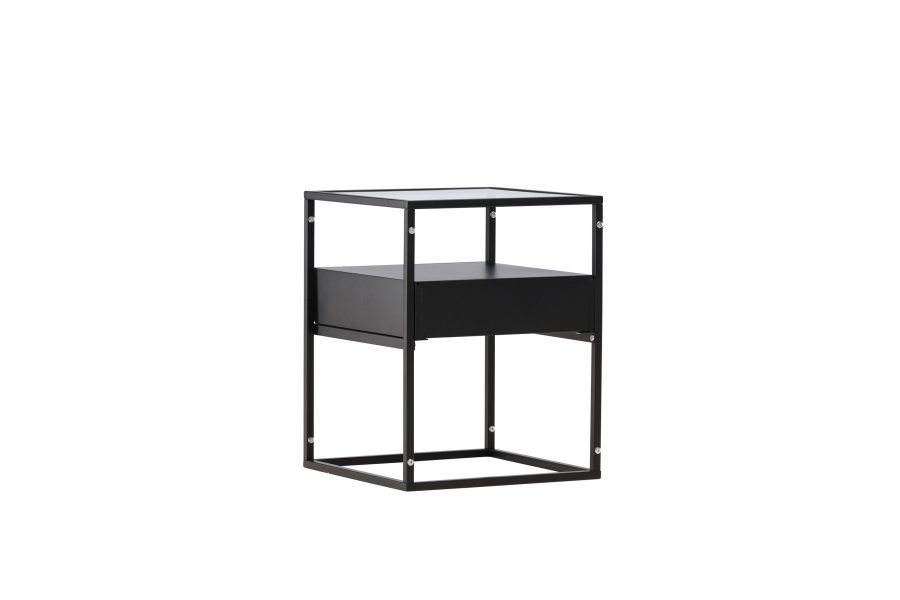 VENTURE DESIGN Fortaleza sidebord, m. 1 skuffe - glas og sort stl (40x40)