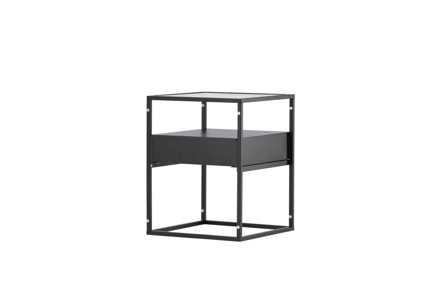 VENTURE DESIGN Fortaleza sidebord, m. 1 skuffe - glas og sort stl (40x40)