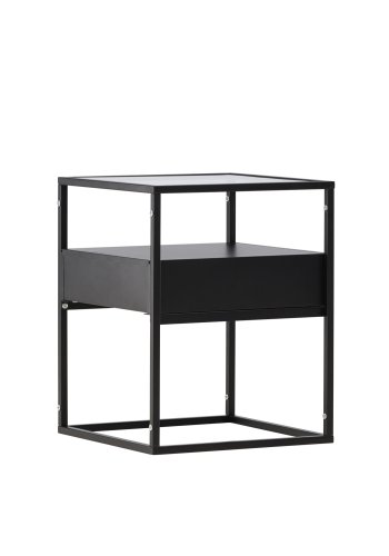 VENTURE DESIGN Fortaleza sidebord, m. 1 skuffe - glas og sort stl (40x40)