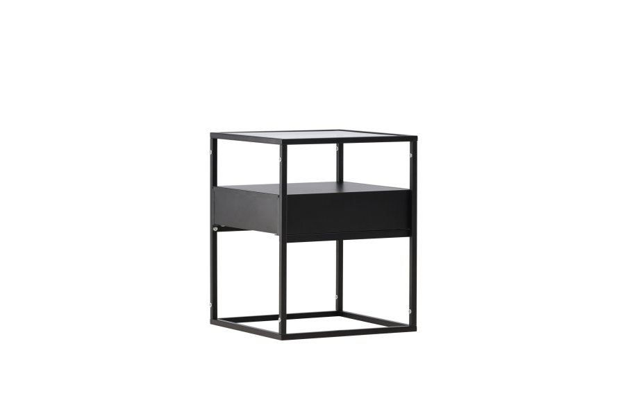 VENTURE DESIGN Fortaleza sidebord, m. 1 skuffe - glas og sort stl (40x40)