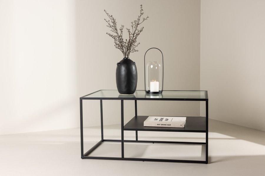 VENTURE DESIGN Campinas sofabord, m. 1 hylde - glas og sort stl (90x60)