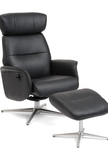 Alex recliner lnestol - sort semi aniline lder og brstet aluminium