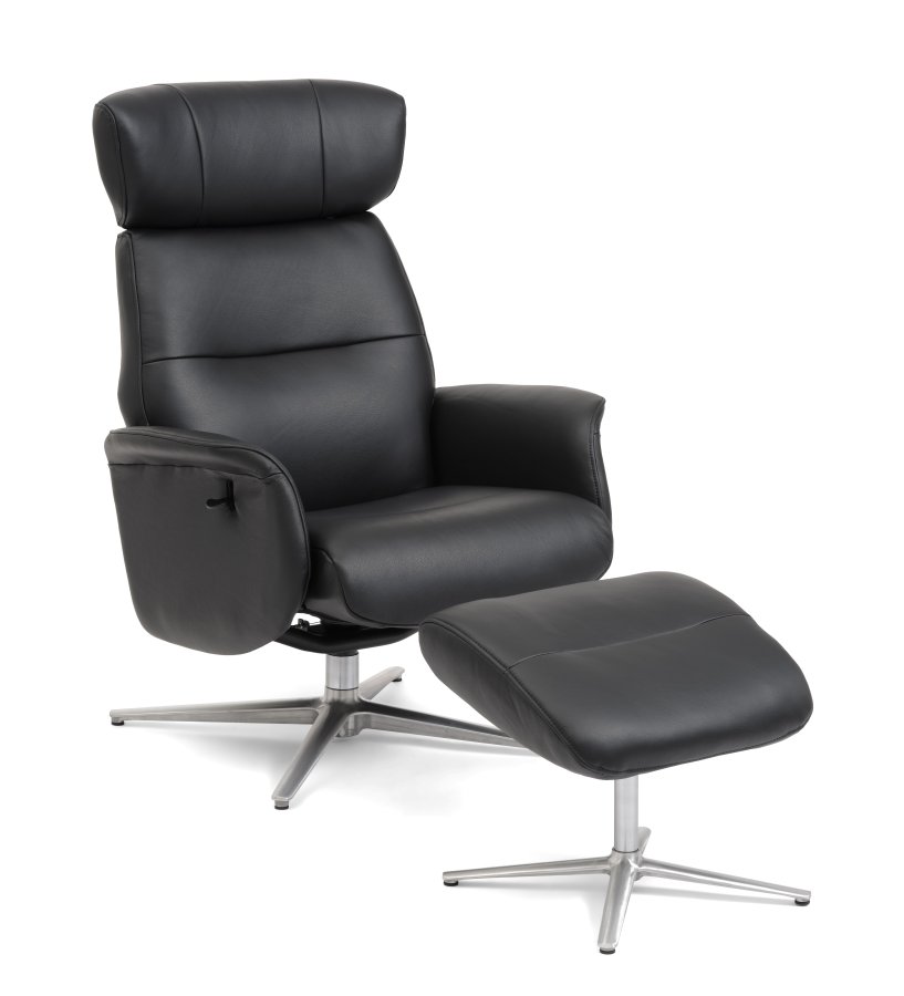 Alex recliner lnestol - sort semi aniline lder og brstet aluminium
