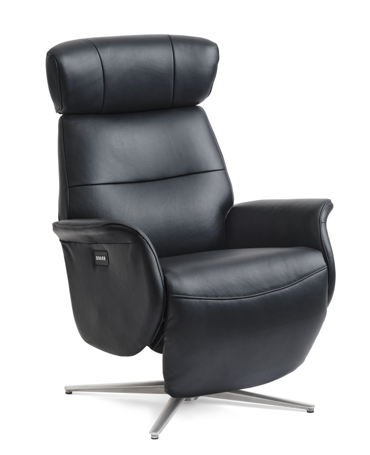 Alex recliner lnestol 2 motors - sort semi aniline lder og brstet aluminium
