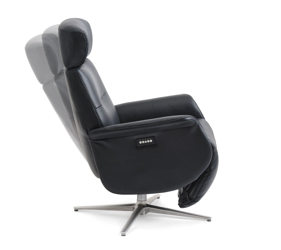 Alex recliner lnestol 2 motors - sort semi aniline lder og brstet aluminium