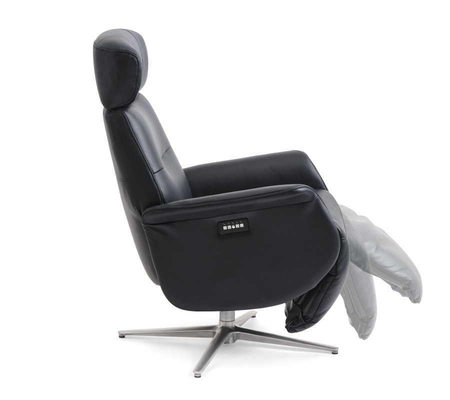 Alex recliner lnestol 2 motors - sort semi aniline lder og brstet aluminium