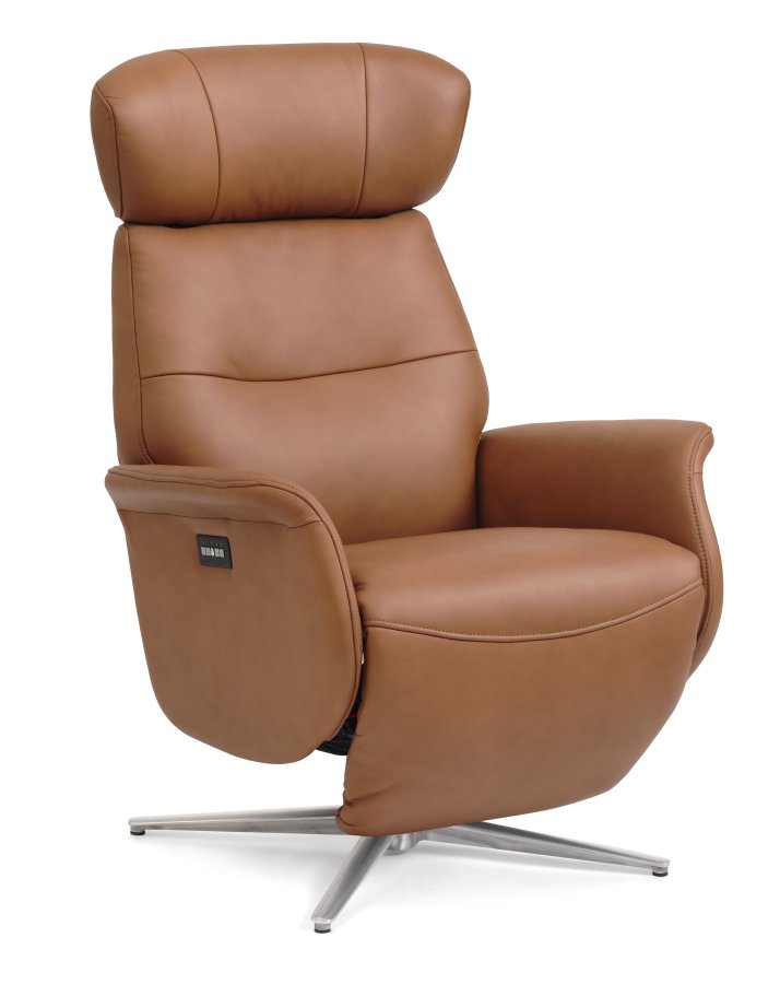 Alex recliner lnestol 2 motors - cognac semi aniline lder og brstet aluminium