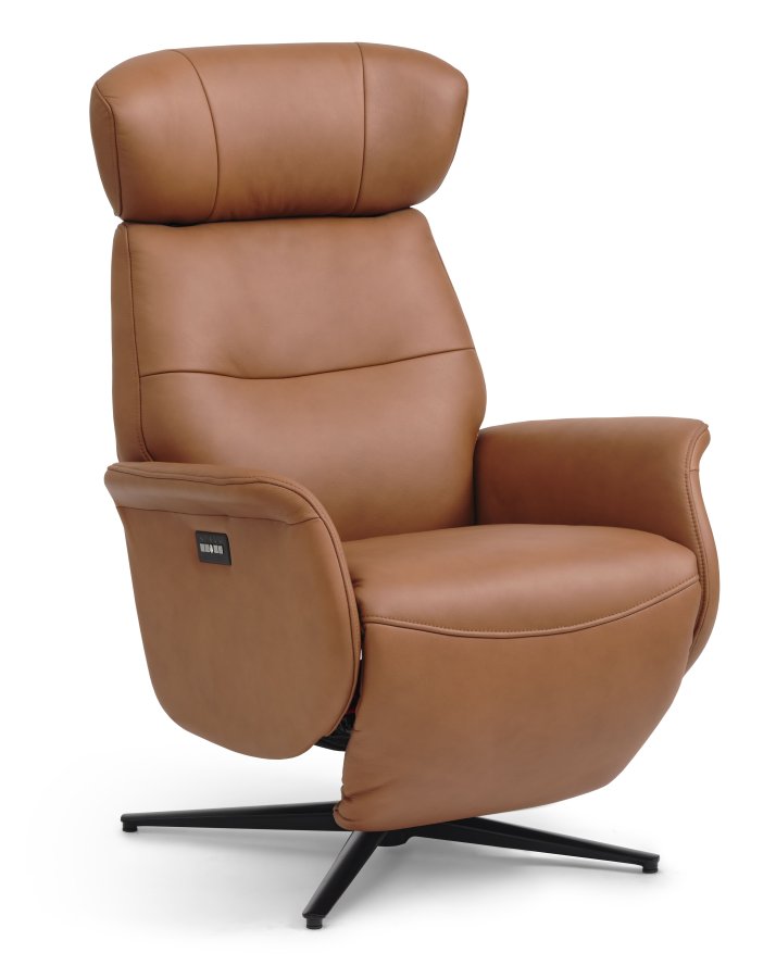 Alex recliner lnestol 2 motors - cognac semi aniline lder og sort aluminium