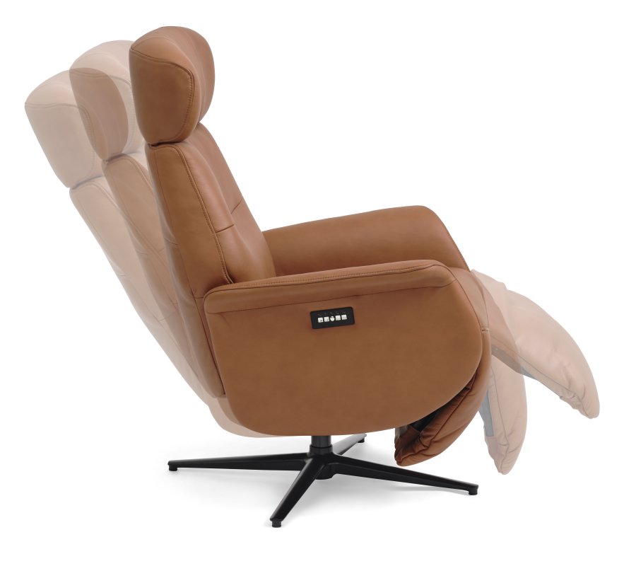 Alex recliner lnestol 2 motors - cognac semi aniline lder og sort aluminium