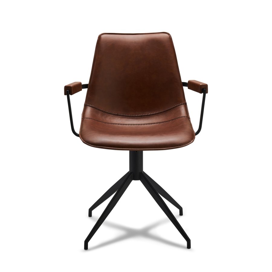 Isabel spisebordsstol, m. armln og drejefunktion - lysebrunt PU lder og sort stel