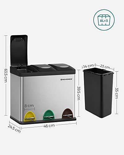 SONGMICS affaldsspand, m. lg, 3-i-1 pedalspand - slv stl