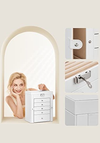 SONGMICS smykkeskrin, m. 6 lag, 5 skuffer, spejl - hvid MDF