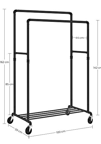 SONGMICS Industrial Pipe Tjstativ p hjul, Maksimal belastning p 110 kg, Dobbelt hngeskinne, Heavy Duty Metal med hylde, kommerciel kvalitet, Sort HSR60B