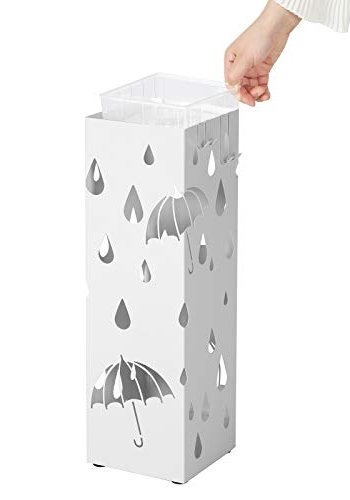 SONGMICS paraplyholder, kvadratisk, m. 4 kroge og drypbakke - hvid metal