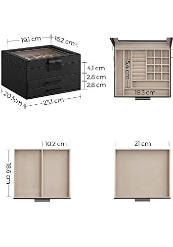 SONGMICS smykkeskrin, 3 lag, m. glaslg og 2 skuffer - fljl og grafitsort PU