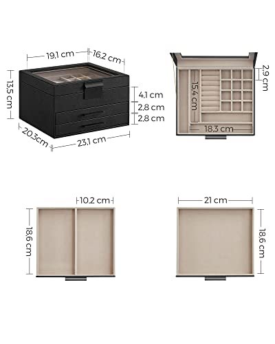 SONGMICS smykkeskrin, 3 lag, m. glaslg og 2 skuffer - fljl og grafitsort PU