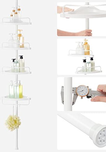 SONGMICS hjrnehylde til brusekabine, teleskopisk, m. 4 bakker, 3 kroge - hvid plast og stl