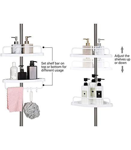 SONGMICS hjrnehylde til brusekabine, m. 4 bakker, 3 kroge, 1 hndkldestang - hvid plast og stl