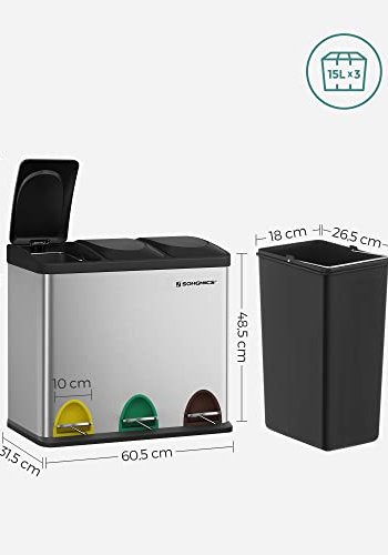 SONGMICS affaldsspand, m. 3 rum, pedaler - slv rustfrit stl og sort polypropylen