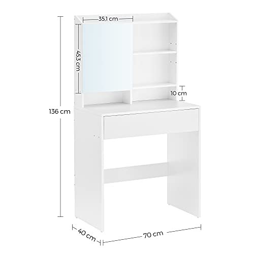 VASAGLE makeupbord, m. spejl, 1 skuffe og 2 hylder - spejlglas og hvid spnplade (70x40)