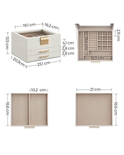 SONGMICS smykkeskrin, 3-lag, m. glaslg og 2 skuffer - guld og hvid kunstlder