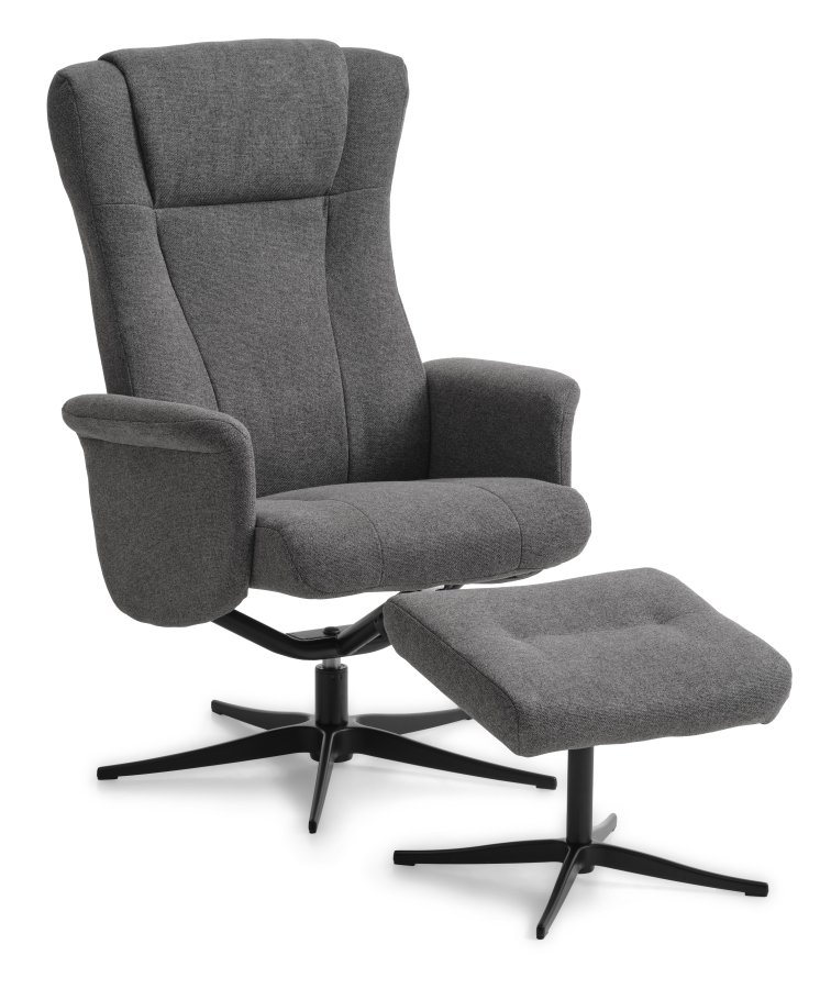 Liam recliner lnestol, inkl. fodskammel - antracitgr polyester stof og sort aluminium
