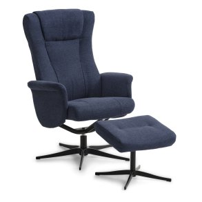 Liam recliner lnestol, inkl. fodskammel - bl polyester stof og sort aluminium