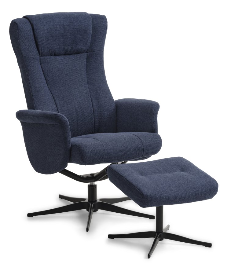 Liam recliner lnestol, inkl. fodskammel - bl polyester stof og sort aluminium