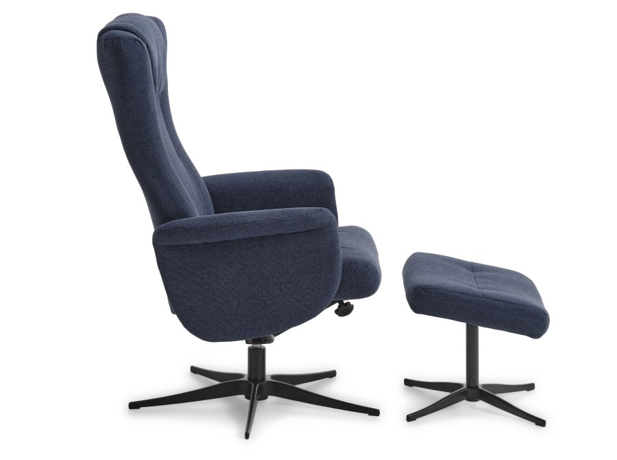 Liam recliner lnestol, inkl. fodskammel - bl polyester stof og sort aluminium
