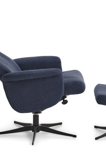 Liam recliner lnestol, inkl. fodskammel - bl polyester stof og sort aluminium