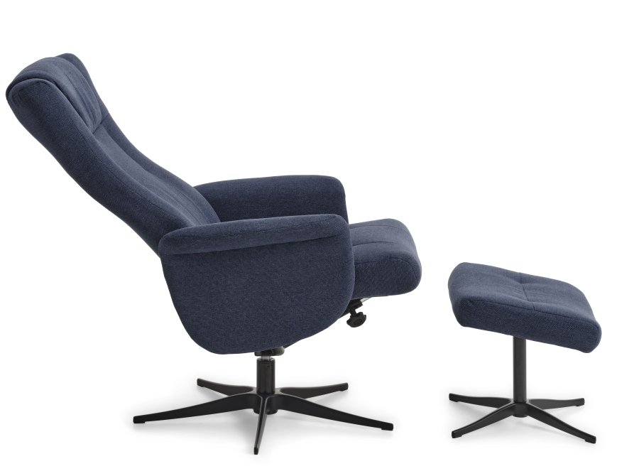 Liam recliner lnestol, inkl. fodskammel - bl polyester stof og sort aluminium