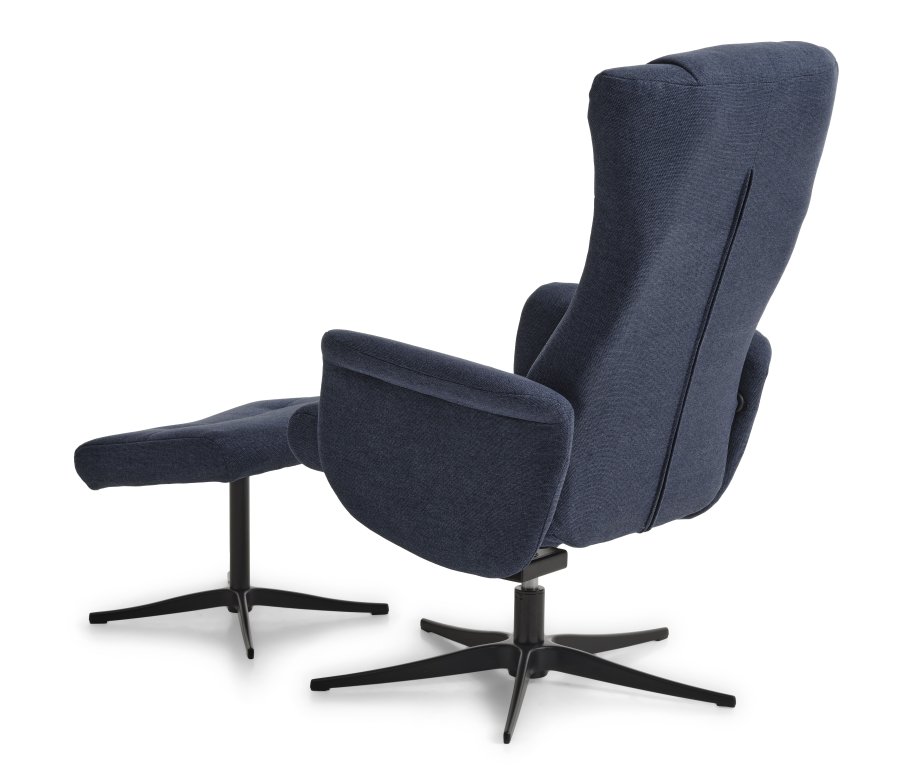 Liam recliner lnestol, inkl. fodskammel - bl polyester stof og sort aluminium