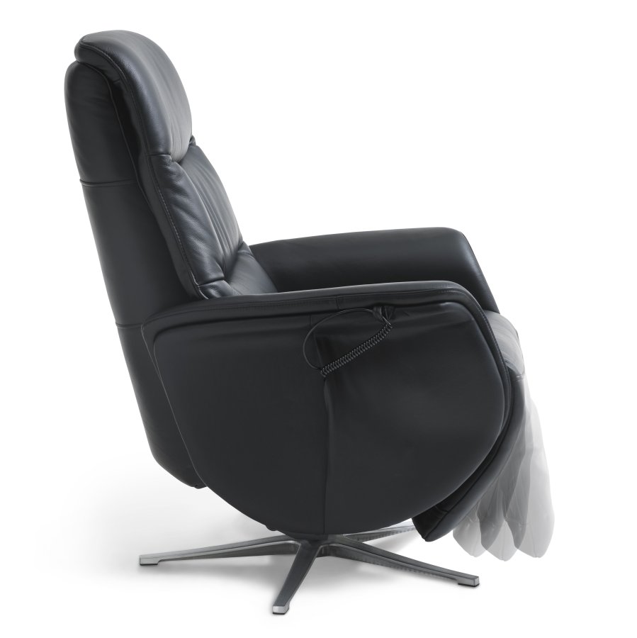 Vincent recliner stol, 2 motorer, armln, vippefunktion, fodskammel - sort lder/PVC og slv alu