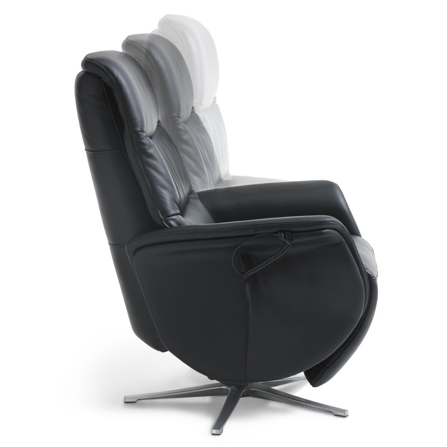 Vincent recliner stol, 2 motorer, armln, vippefunktion, fodskammel - sort lder/PVC og slv alu