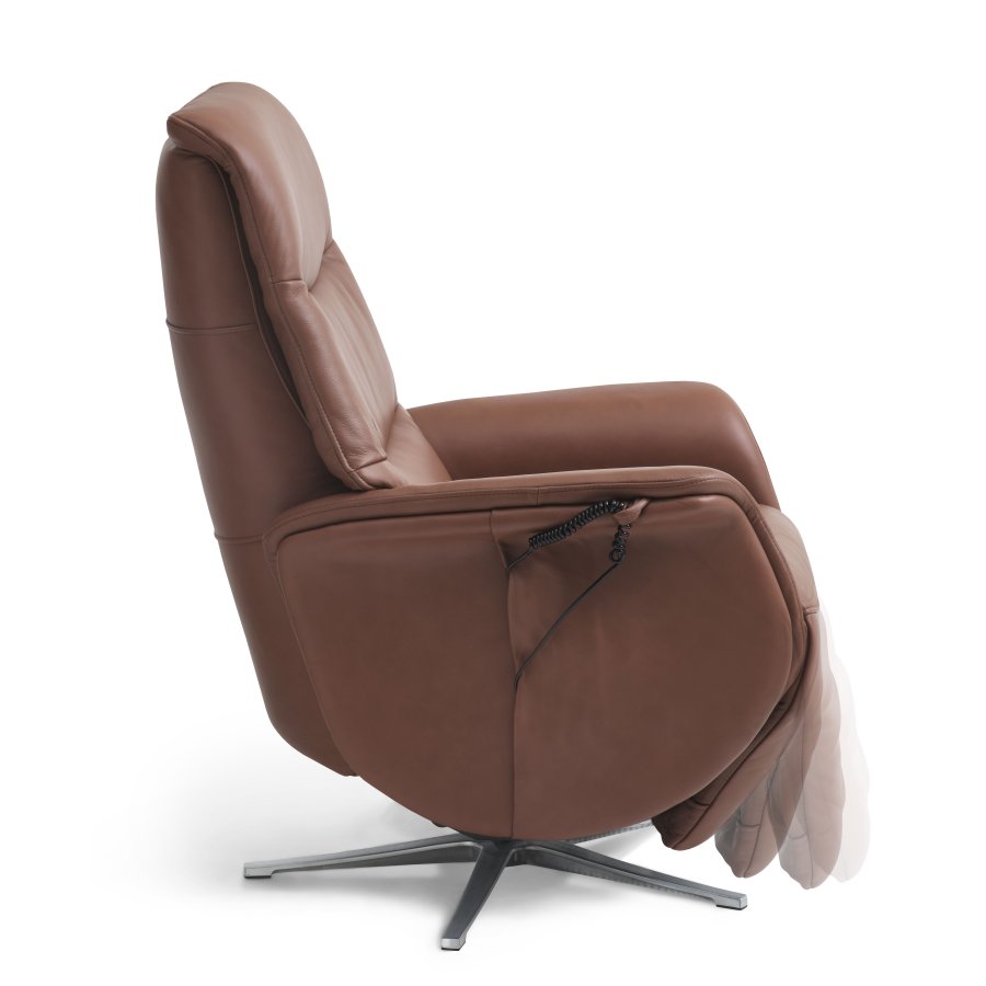 Vincent recliner stol, 2 motorer, armln, vippefunktion, fodskammel - cognac semianilin lder/alu