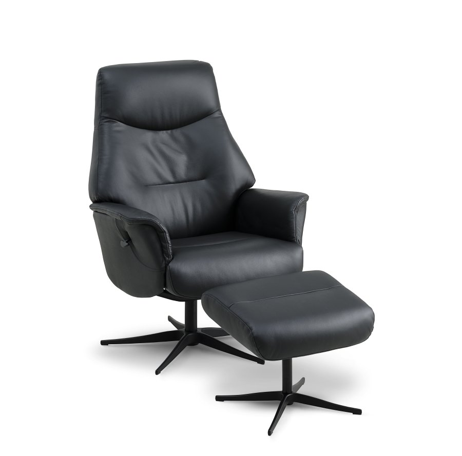 Villads lnestol, m. armln og vippefunktion, inkl. fodskammel - sort lder/PVC og sort metal