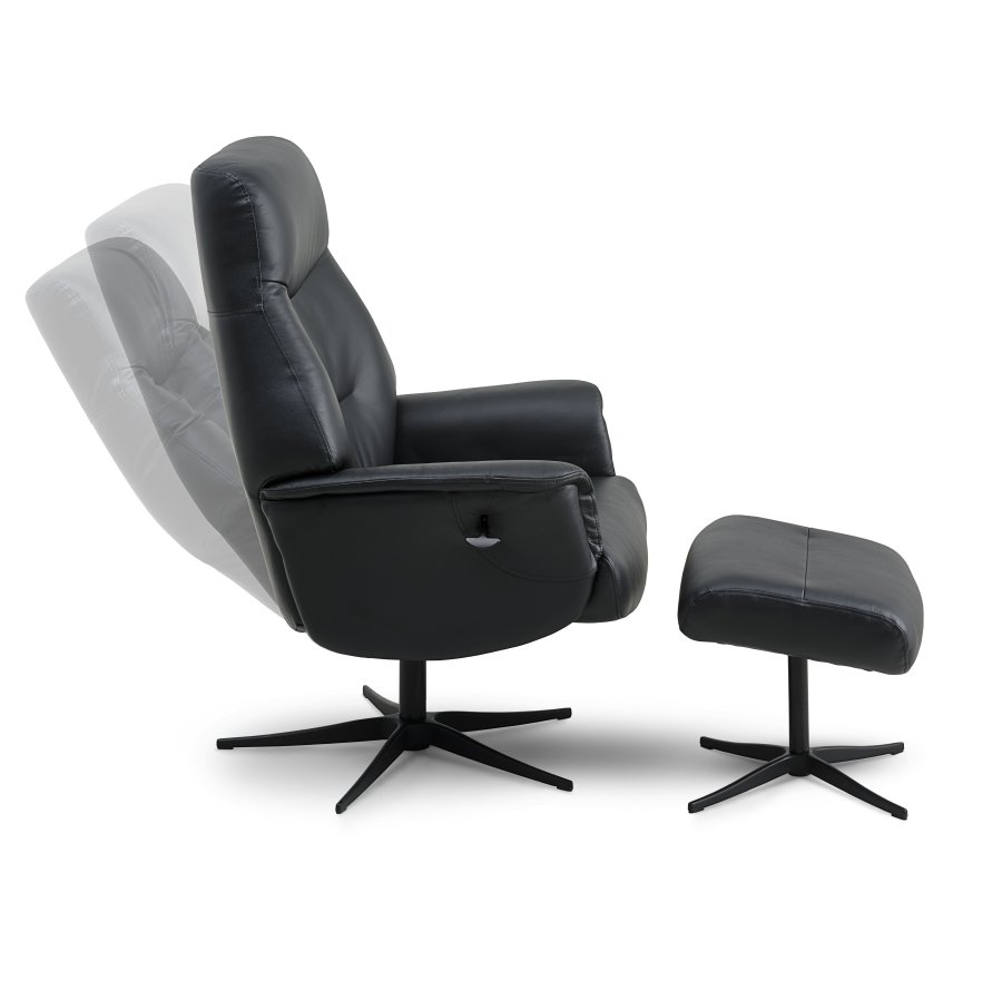 Villads lnestol, m. armln og vippefunktion, inkl. fodskammel - sort lder/PVC og sort metal