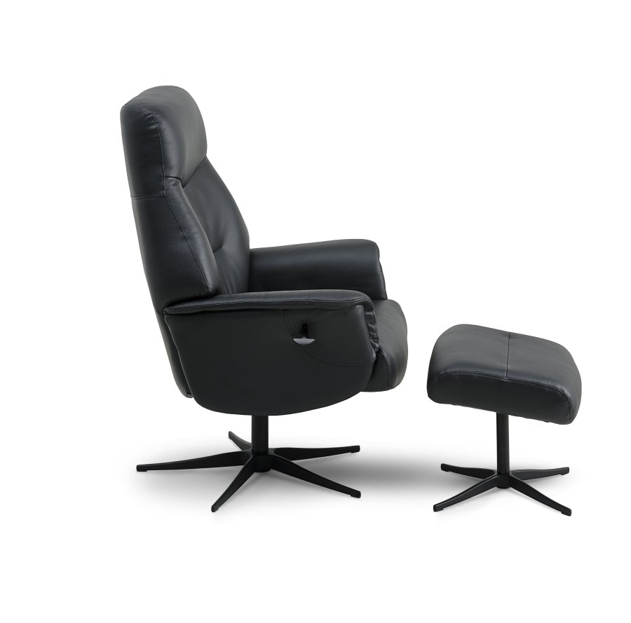 Villads lnestol, m. armln og vippefunktion, inkl. fodskammel - sort lder/PVC og sort metal