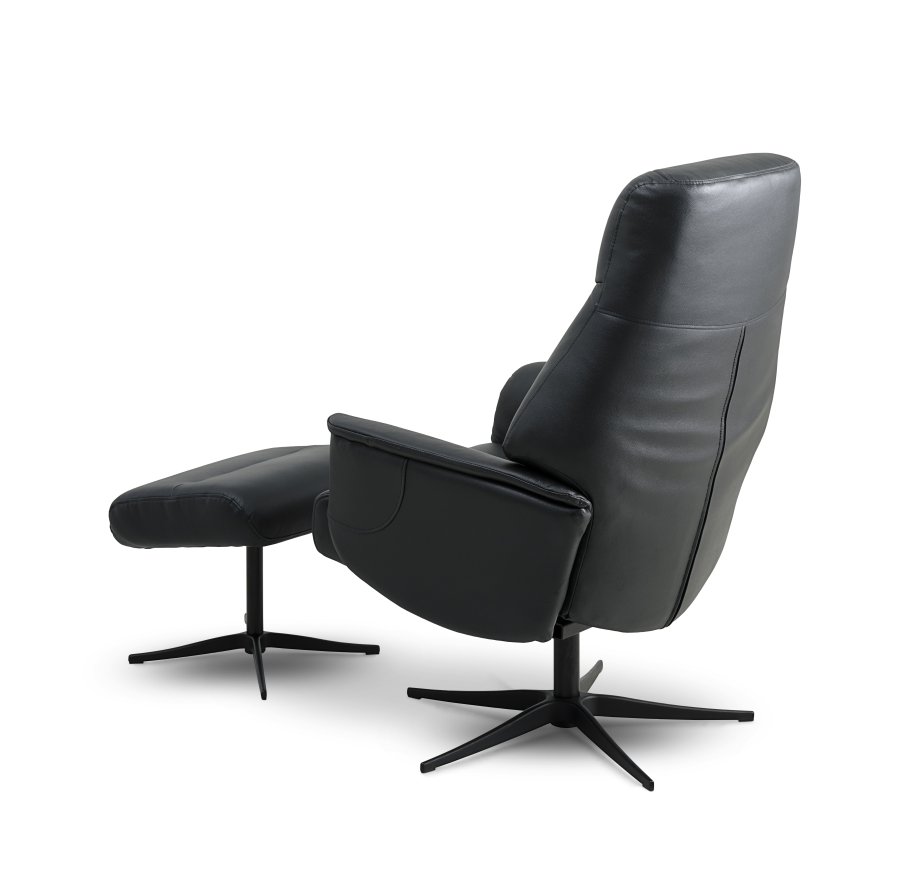 Villads lnestol, m. armln og vippefunktion, inkl. fodskammel - sort lder/PVC og sort metal