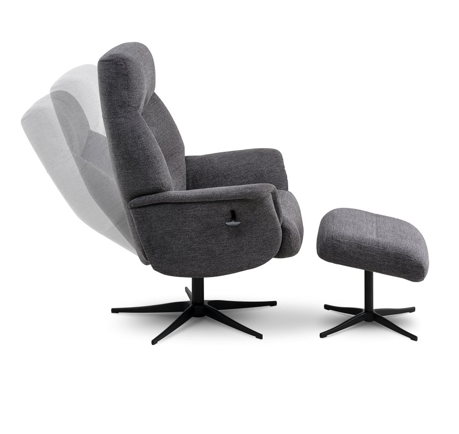 Villads lnestol, m. armln og vippefunktion, inkl. fodskammel - antracitgr polyester og sort metal