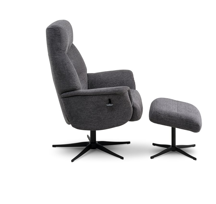 Villads lnestol, m. armln og vippefunktion, inkl. fodskammel - antracitgr polyester og sort metal