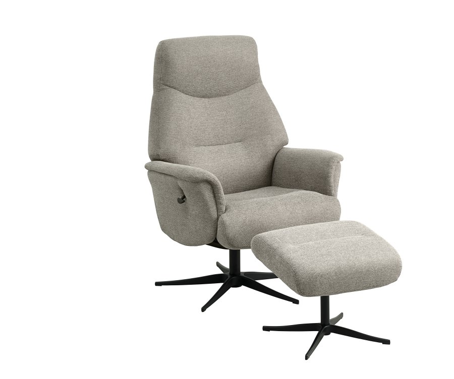Villads lnestol, m. armln og vippefunktion, inkl. fodskammel - stone polyester og sort metal