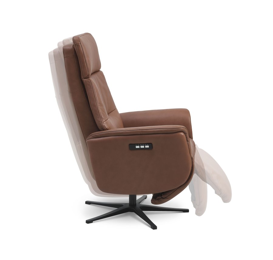 Malthe recliner stol, 3 motorer, armln, vippefunktion, fodskammel - cognac semianilin lder/metal