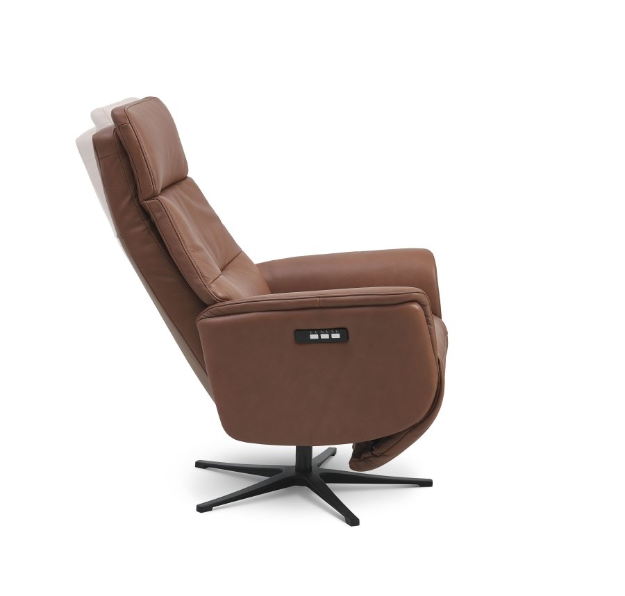 Malthe recliner stol, 3 motorer, armln, vippefunktion, fodskammel - cognac semianilin lder/metal